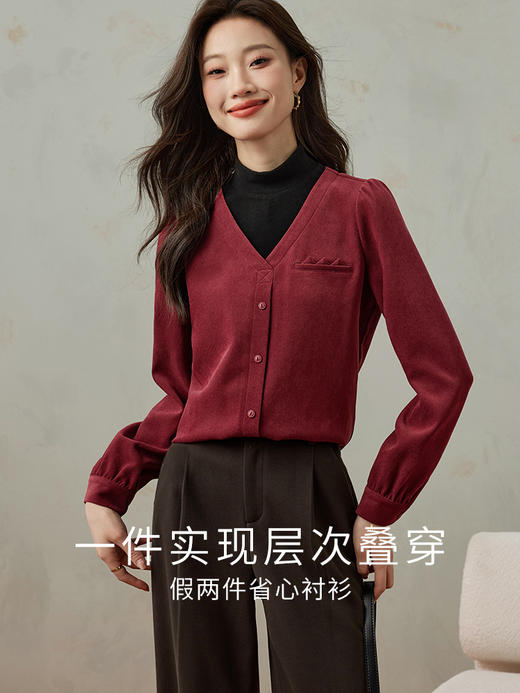 【99元福袋，不支持退换】熙世界假两件半高领拼接磨毛衬衫女秋冬衬衣套头上衣 商品图1