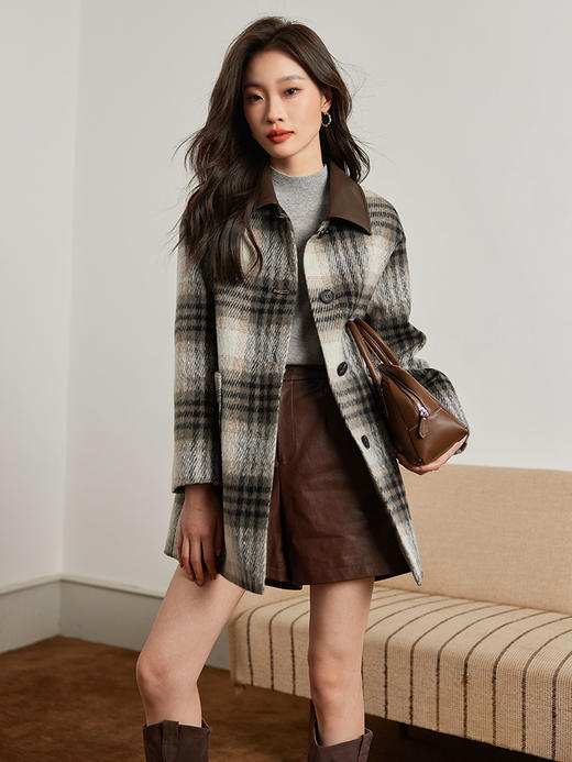 【年终特卖】熙世界英伦风格纹毛呢外套女高级感炸街翻领夹棉大衣 商品图3