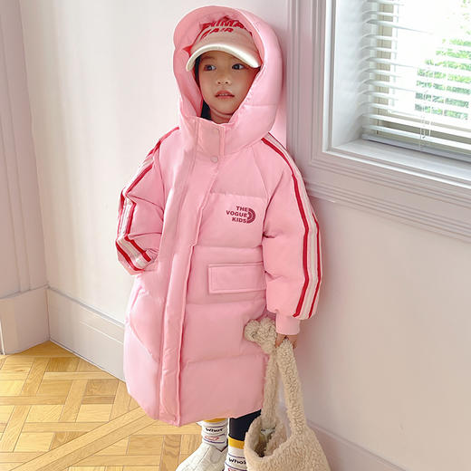 「90%鸭绒！长款羽绒服」呦奇2023冬季新款韩版儿童羽绒服时尚拼条织带长款保暖羽绒服童装 商品图2