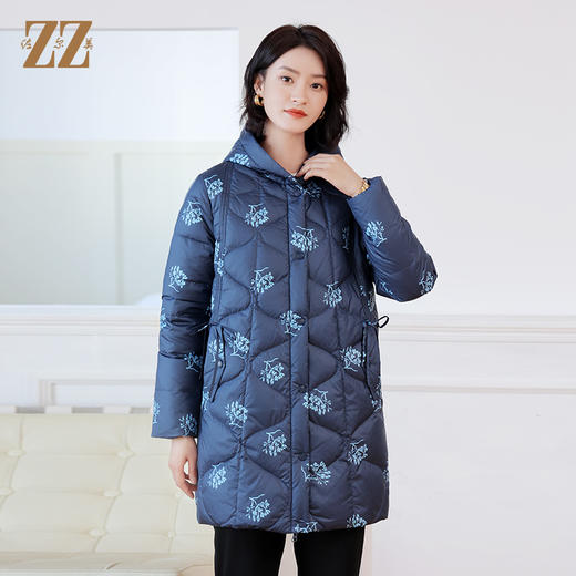 冬季新款 甜美通勤双面穿连帽碎花图案中长款羽绒服女E24YY02 商品图1