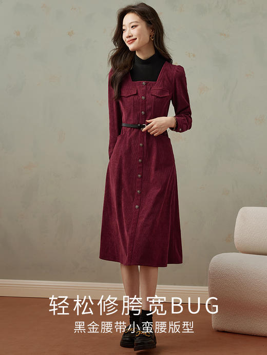 【专属特价】熙世界磨毛灯芯绒连衣裙女秋冬半高领拼接假两件裙子 商品图2