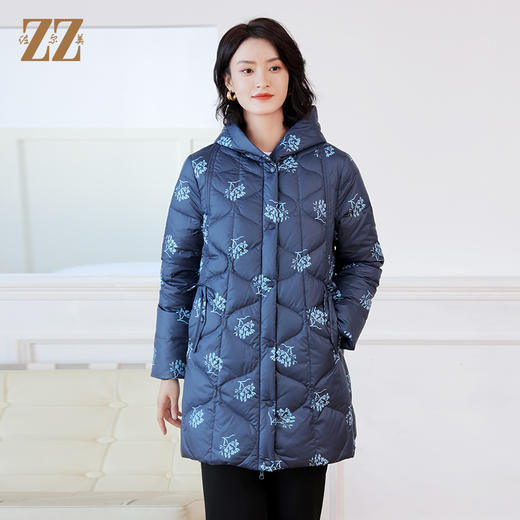 冬季新款 甜美通勤双面穿连帽碎花图案中长款羽绒服女E24YY02 商品图2