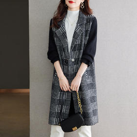 秋冬韩版长款大衣，新款女装气质西装领针织开衫格子毛衣外套CC-JDS-8590