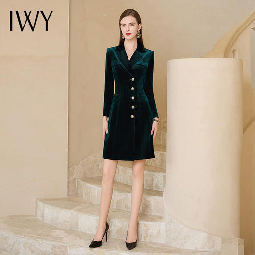 IWY/富贵墨绿色丝绒连衣裙女职业装气质女神范套装裙子双排扣西服裙Q819-Q 商品图2