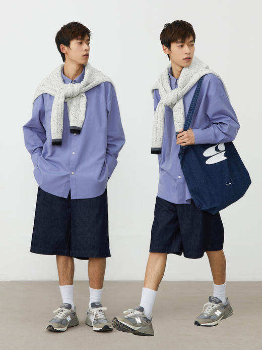 CryingCenter 蓝色纯白斜纹长款宽松口袋刺绣男友衬衫 哭喊中心 商品图1