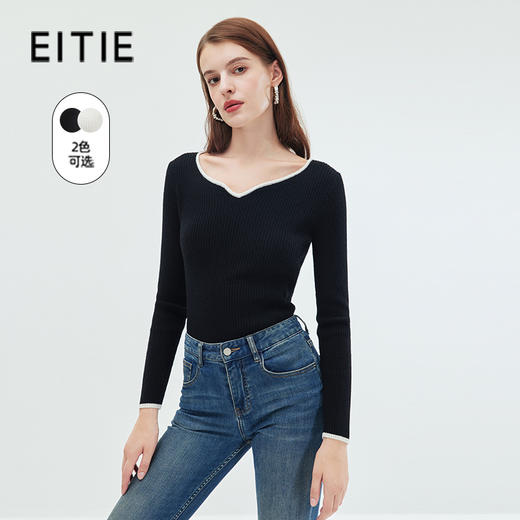 EITIE/爱特爱包边鸡心领坑条纹显瘦舒适软糯羊毛针织衫秋季新款C01228 商品图0