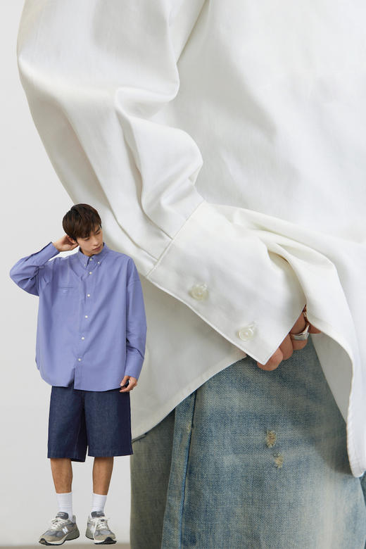 CryingCenter 蓝色纯白斜纹长款宽松口袋刺绣男友衬衫 哭喊中心 商品图4