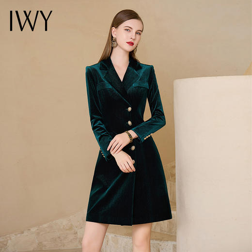 IWY/富贵墨绿色丝绒连衣裙女职业装气质女神范套装裙子双排扣西服裙Q819-Q 商品图1