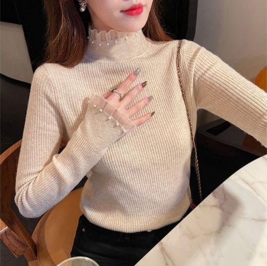 " 雀说 小香风半高领毛衣女秋冬内搭上衣珍珠网纱边针织打底衫3ZF-MZ15123" 商品图1