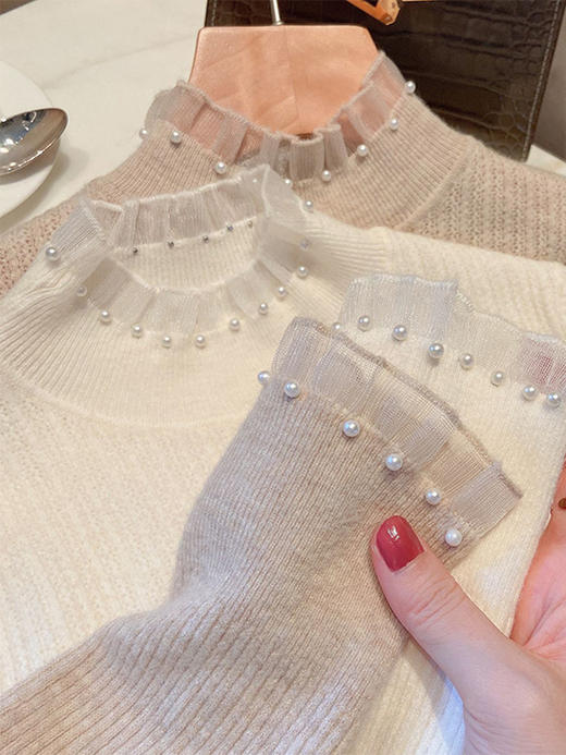 " 雀说 小香风半高领毛衣女秋冬内搭上衣珍珠网纱边针织打底衫3ZF-MZ15123" 商品图3