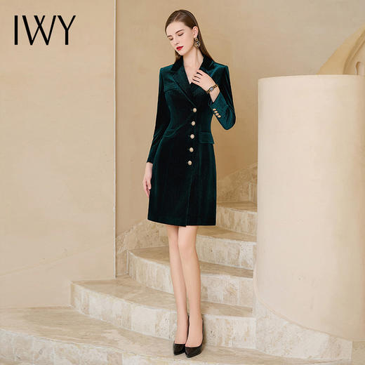 IWY/富贵墨绿色丝绒连衣裙女职业装气质女神范套装裙子双排扣西服裙Q819-Q 商品图3