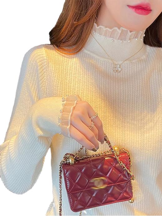 " 雀说 小香风半高领毛衣女秋冬内搭上衣珍珠网纱边针织打底衫3ZF-MZ15123" 商品图4