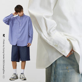 CryingCenter 蓝色纯白斜纹长款宽松口袋刺绣男友衬衫 哭喊中心