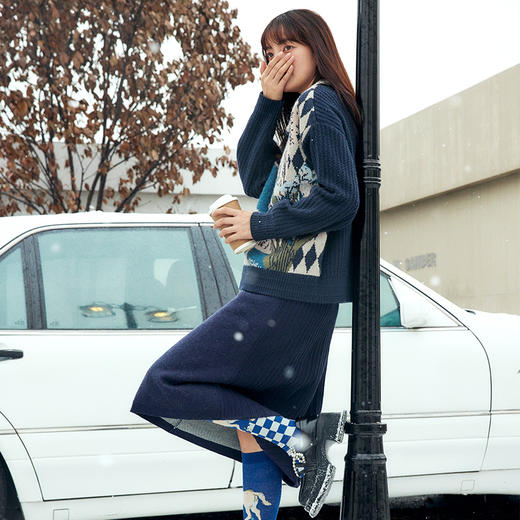 两三事梵高文艺走马看花复古向日葵图案毛织半身裙 商品图1