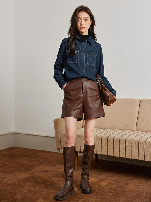 【99元福袋，不支持退换】熙世界假两件长袖牛仔衬衫女秋冬设计感叠穿衬衣上衣 商品图4