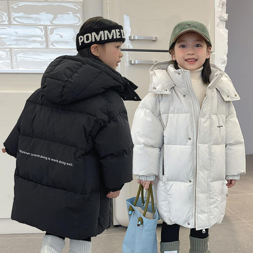 「三色可选！长款羽绒服」呦奇2023冬季新款韩版男女童御寒童装外套时尚保暖长款儿童羽绒服 商品图0