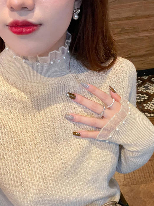 " 雀说 小香风半高领毛衣女秋冬内搭上衣珍珠网纱边针织打底衫3ZF-MZ15123" 商品图0