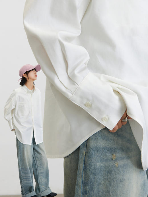 CryingCenter 蓝色纯白斜纹长款宽松口袋刺绣男友衬衫 哭喊中心 商品图2