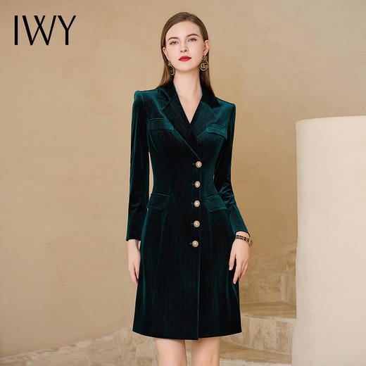 IWY/富贵墨绿色丝绒连衣裙女职业装气质女神范套装裙子双排扣西服裙Q819-Q 商品图0