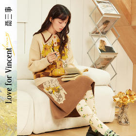 两三事梵高文艺走马看花复古向日葵图案毛织半身裙