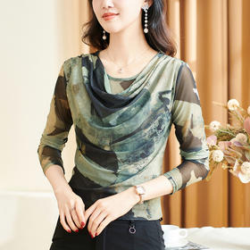 秋网纱印花圆领时尚打底衫，堆堆领修身显瘦长袖T恤KQL-E001M6853