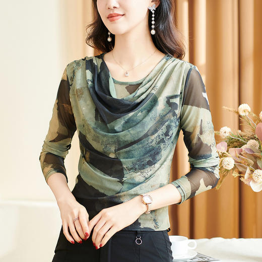 秋网纱印花圆领时尚打底衫，堆堆领修身显瘦长袖T恤KQL-E001M6853 商品图0