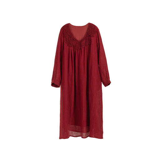 绽放893朵/复古浪漫高级感极红色精致手工钩花V领显瘦亚麻连衣裙 商品图3