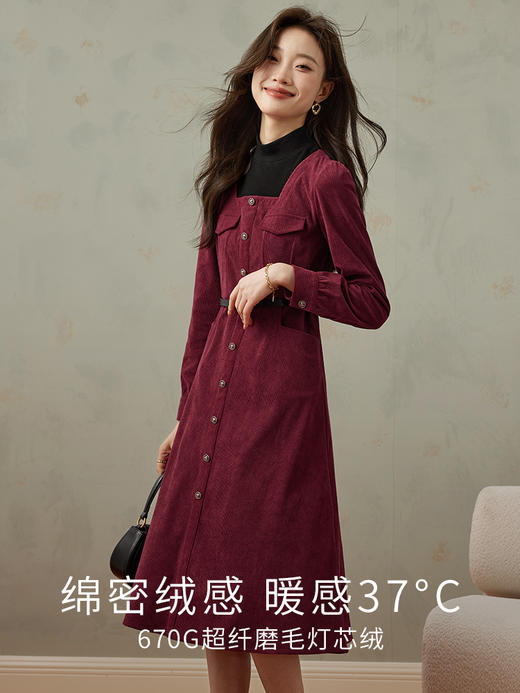 【专属特价】熙世界磨毛灯芯绒连衣裙女秋冬半高领拼接假两件裙子 商品图3