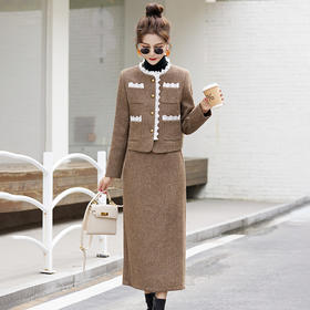 名媛小香风，冬高端时尚气质蕾丝拼接加厚搭配套两件套裙HR-WL99129