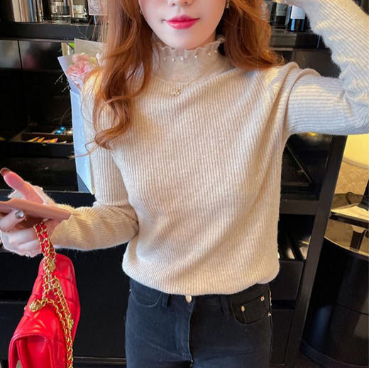 " 雀说 小香风半高领毛衣女秋冬内搭上衣珍珠网纱边针织打底衫3ZF-MZ15123" 商品图2