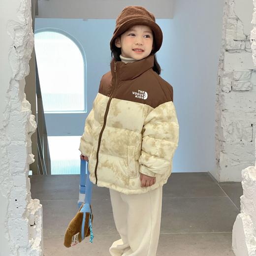 「三款配色！男女孩同款」呦奇2023冬季新款韩版时尚撞色拼色扎染中长款保暖加厚儿童羽绒服童装 商品图1