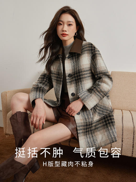 【年终特卖】熙世界英伦风格纹毛呢外套女高级感炸街翻领夹棉大衣 商品图1