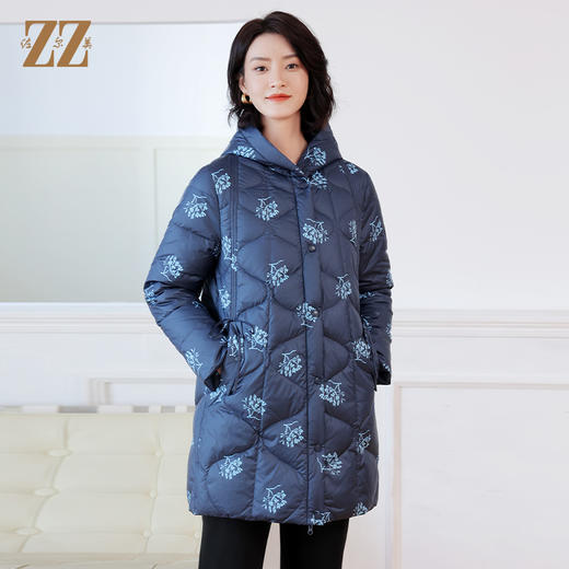 冬季新款 甜美通勤双面穿连帽碎花图案中长款羽绒服女E24YY02 商品图0
