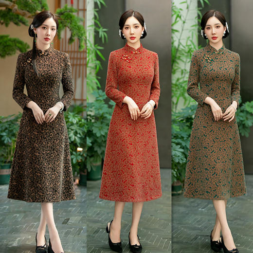 老上海复古国风，中长A版旗袍冬新款加厚雪貂绒中老年日常旗袍GX-21797 商品图0