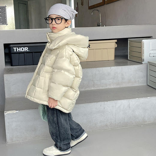 「三色可选！长款羽绒服」呦奇2023冬季新款韩版个性龟背设计时尚印花连帽儿童羽绒服童装 商品图1