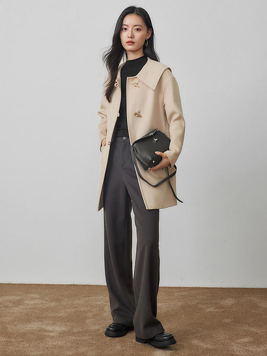 【年终特卖】熙世界牛角扣双面呢大衣秋冬海军风翻领羊毛呢子外套 商品图2