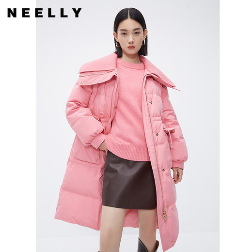 NEELLY纳俪商场同款大翻领过膝羽绒大衣女新休闲时尚粉色中长外套N23112L01169 商品图1