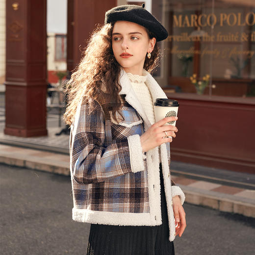 OLrain欧芮儿格子羊羔绒毛呢外套女秋冬2023新款高级短款加厚大衣 商品图0