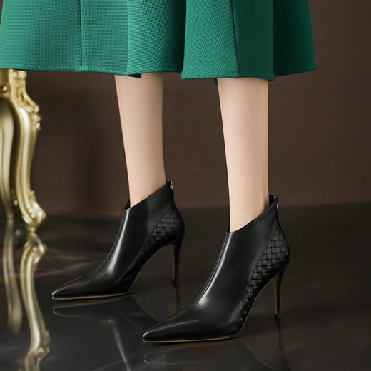 法式尖头高跟通勤短靴，拼色编织及踝靴MY-A182 商品图0