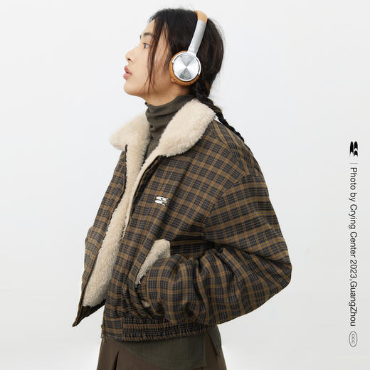 CryingCenter 复古黑棕格子毛毛夹克拉链短外套超暖毛里 哭喊中心 商品图0