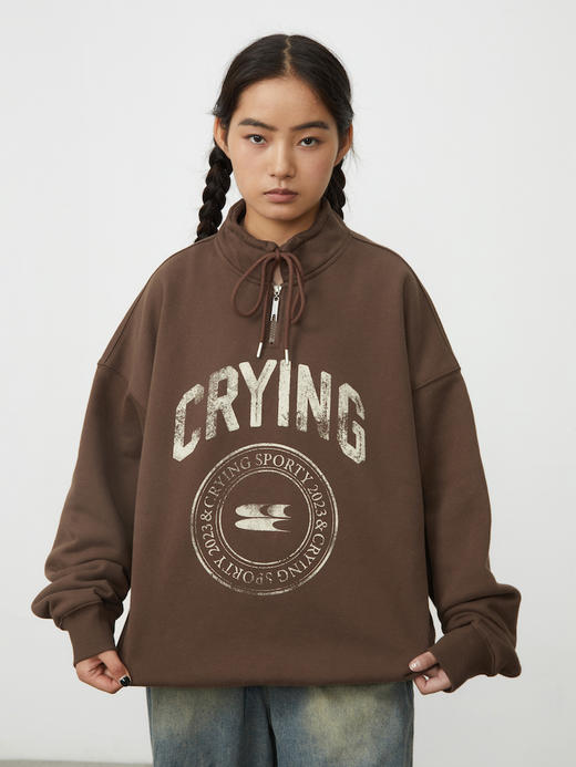 CryingCenter  复古图章高领抽绳款卫衣棕色墨绿色加绒休闲情侣 商品图2