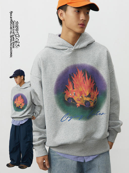 CryingCenter汽车着火了手绘印花花灰色连帽卫衣休闲百搭哭喊中心 商品图1