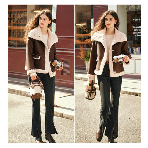 OLrain欧芮儿摩卡棕皮草外套女秋冬2023年新款羊羔绒皮毛一体上衣 商品图3