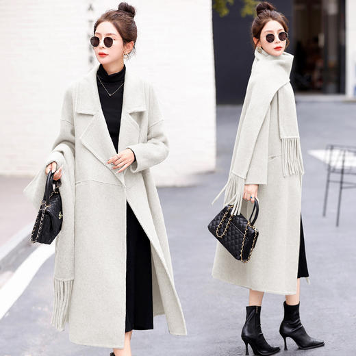 气质百搭韩系羊毛双面呢外套，长款羊毛大衣配围巾HR-BX2302 商品图2