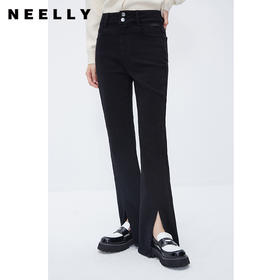 NEELLY纳俪商场同款黑色显瘦直筒牛仔裤女冬新款时尚开叉百搭长裤N23112H01180