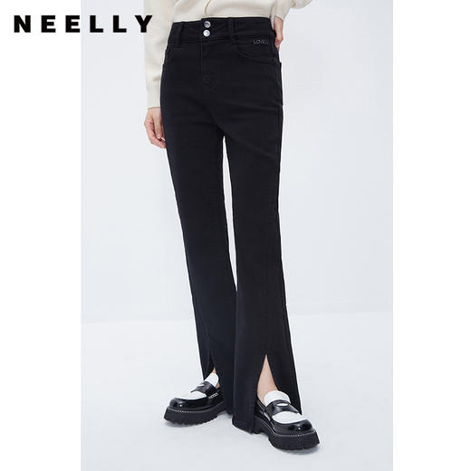 NEELLY纳俪商场同款黑色显瘦直筒牛仔裤女冬新款时尚开叉百搭长裤N23112H01180 商品图0