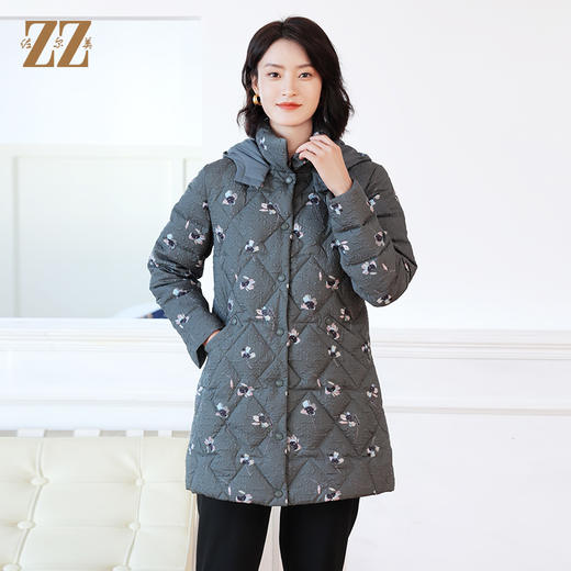 佐尔美冬季新款 气质时尚碎花连帽羽绒服女E24YY16 商品图0