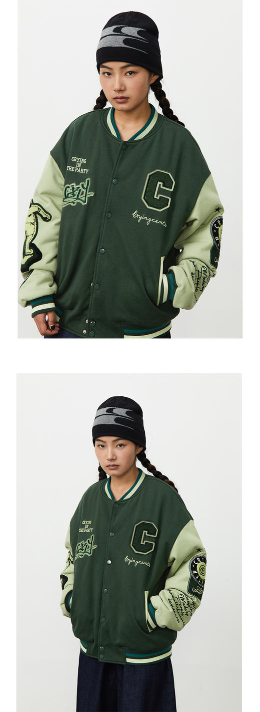 CryingCenter 美式复古刺绣棒球服夹棉外套街头百搭深绿 哭喊中心 商品图3
