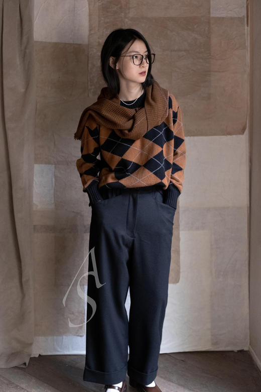 Margaret Howell 锈红色/深卡其geelong千鸟格羔羊毛围巾 商品图2