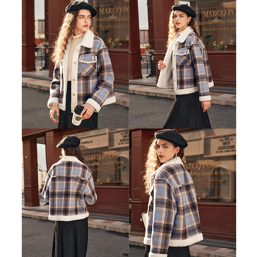 OLrain欧芮儿格子羊羔绒毛呢外套女秋冬2023新款高级短款加厚大衣 商品图1